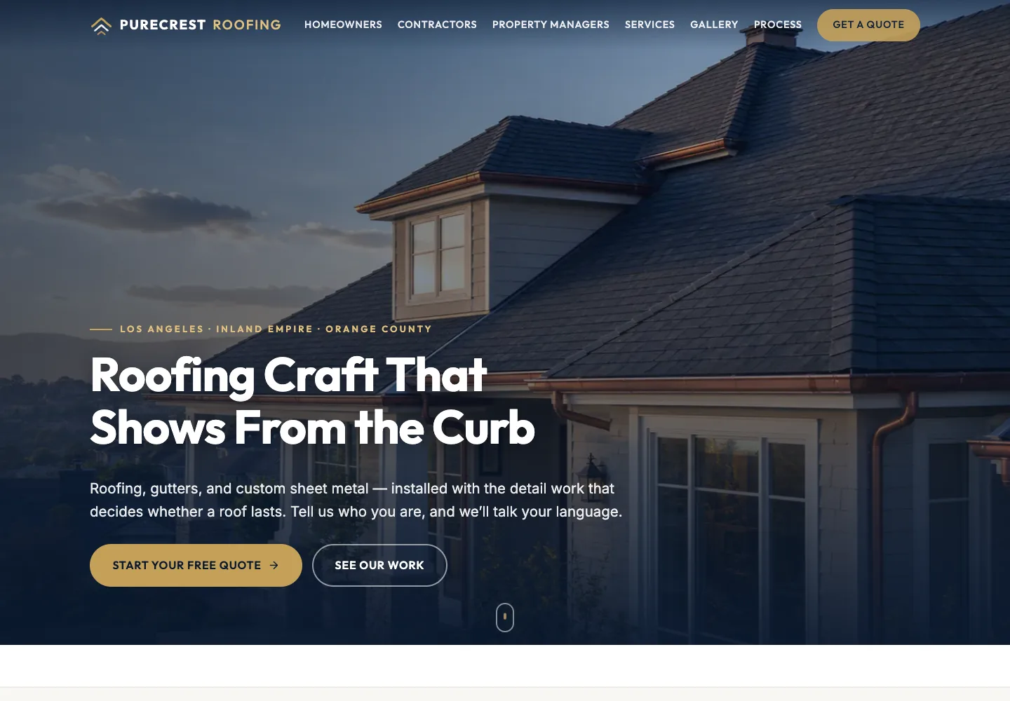 Purecrest Roofing homepage screenshot